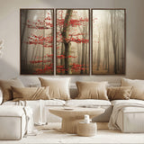 61855-MGV-CV-36X24-Misty Forest Wall Art – Red Tree with Autumn Leaves Canvas Print, Moody Woodland Nature Decor for Living Room, Bedroom, or Office