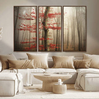 61855-MGV-CV-36X24-Misty Forest Wall Art – Red Tree with Autumn Leaves Canvas Print, Moody Woodland Nature Decor for Living Room, Bedroom, or Office