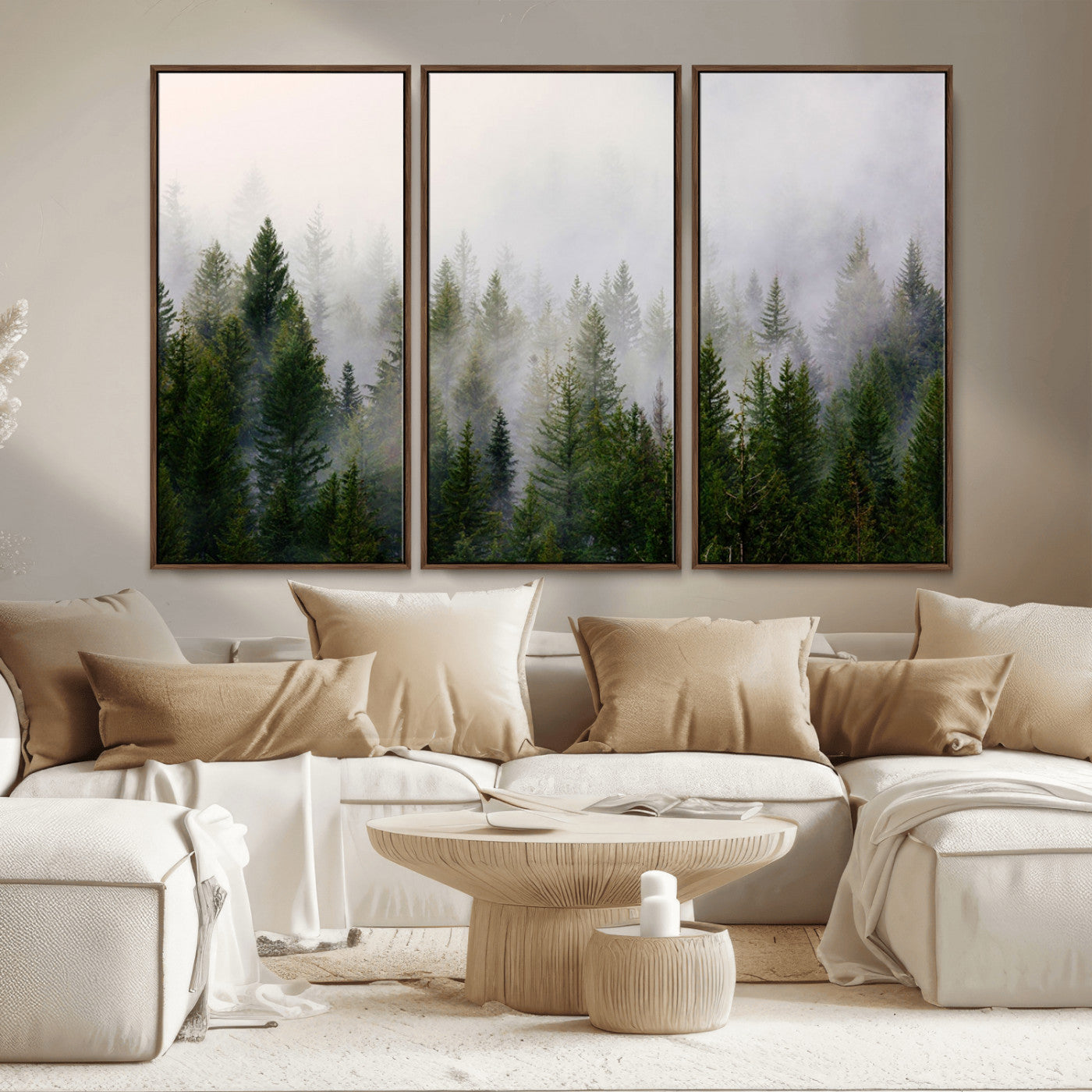 11436-MGV-CV-36X24-Misty Forest Wall Art – Tranquil Evergreen Tree Canvas Print with Foggy Landscape, Nature Inspired Artwork for Bedroom, Living