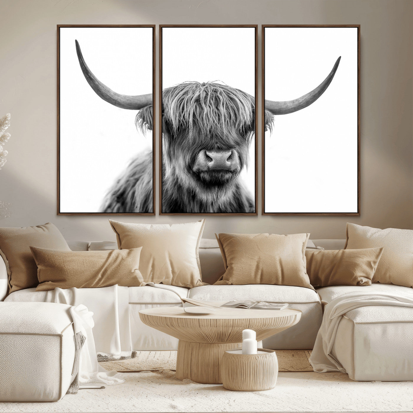 10123-MGV-CV-36X24-Black and White Highland Cow Wall Art – Modern Farmhouse Animal Print, Rustic Scottish Bull Canvas Decor for Living Room, Bedroom,