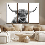 10123-MGV-CV-36X24-Black and White Highland Cow Wall Art – Modern Farmhouse Animal Print, Rustic Scottish Bull Canvas Decor for Living Room, Bedroom,