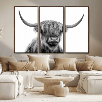 10123-MGV-CV-36X24-Black and White Highland Cow Wall Art – Modern Farmhouse Animal Print, Rustic Scottish Bull Canvas Decor for Living Room, Bedroom,