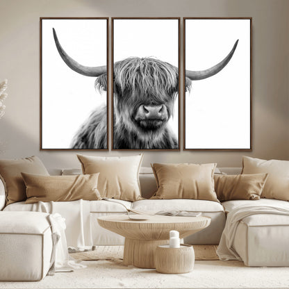10123-MGV-CV-36X24-Black and White Highland Cow Wall Art – Modern Farmhouse Animal Print, Rustic Scottish Bull Canvas Decor for Living Room, Bedroom,