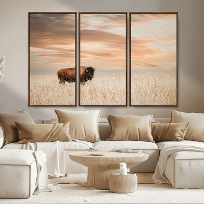 99699-MGV-CV-36X24-Bison in Prairie at Sunset – Wildlife Photography Print, American Buffalo Wall Art, Nature Landscape Canvas Decor for Office