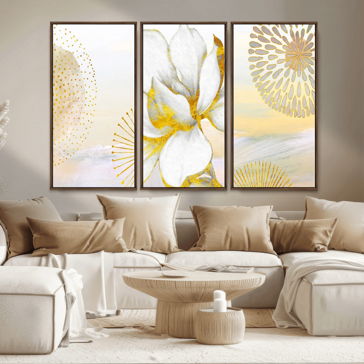 82301-MGV-CV-36X24-Modern Floral Wall Art – White Flower with Gold Detailing Canvas Print, Elegant Abstract Artwork for Living Room, Bedroom, or