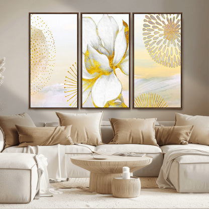 82301-MGV-CV-36X24-Modern Floral Wall Art – White Flower with Gold Detailing Canvas Print, Elegant Abstract Artwork for Living Room, Bedroom, or