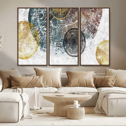 70653-MGV-CV-36X24-Abstract Tree Ring Wall Art – Modern Rustic Wood Slice Canvas Print with Gold Accents, Contemporary Nature Decor for Living Room,