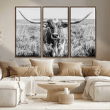 77320-MGV-CV-36X24-Texas Longhorn Wall Art – Black and White Western Cattle Canvas Print, Rustic Farmhouse Animal Photography Decor for Living Room,
