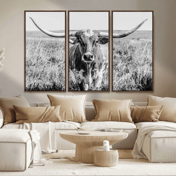 77320-MGV-CV-36X24-Texas Longhorn Wall Art – Black and White Western Cattle Canvas Print, Rustic Farmhouse Animal Photography Decor for Living Room,
