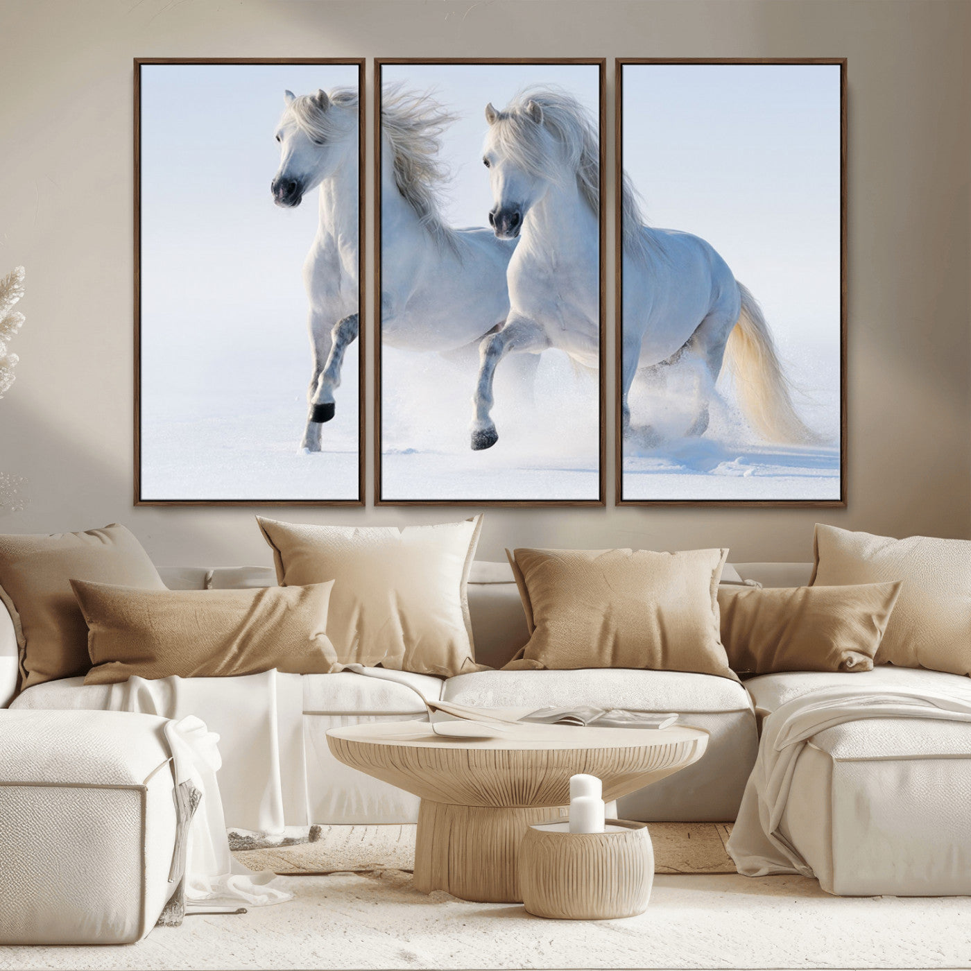 80145-MGV-CV-36X24-White Horses Running Snow Wall Art – Majestic Equine Canvas Print, Winter Nature Photography Decor for Living Room, Office,
