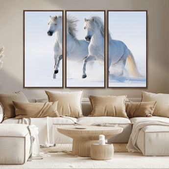 80145-MGV-CV-36X24-White Horses Running Snow Wall Art – Majestic Equine Canvas Print, Winter Nature Photography Decor for Living Room, Office,