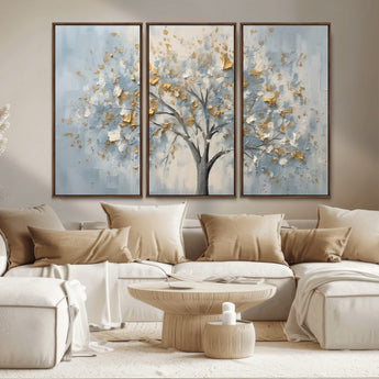 65811-MGV-CV-36X24-Abstract Tree Wall Art – Textured Canvas Painting with Gold and White Leaves, Modern Nature Inspired Decor for Living Room or