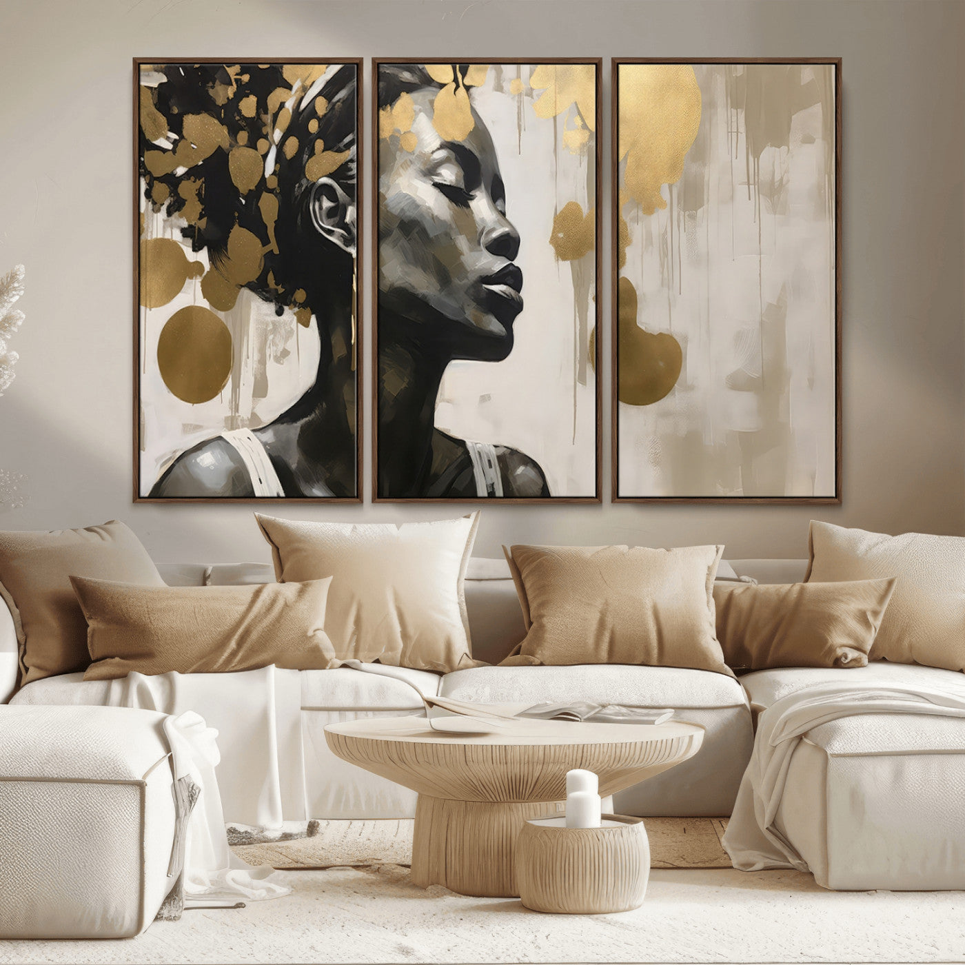 65669-MGV-CV-36X24-Elegant Black Woman Wall Art – Modern Abstract Portrait Canvas with Gold Accents, Contemporary Afrocentric Decor for Living Room