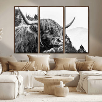 61570-MGV-CV-36X24-Highland Cow Wall Art – Black and White Scottish Bull Canvas Print, Rustic Farmhouse Animal Decor for Living Room, Bedroom, or