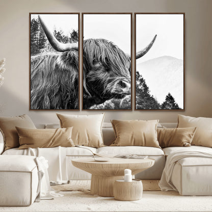 61570-MGV-CV-36X24-Highland Cow Wall Art – Black and White Scottish Bull Canvas Print, Rustic Farmhouse Animal Decor for Living Room, Bedroom, or