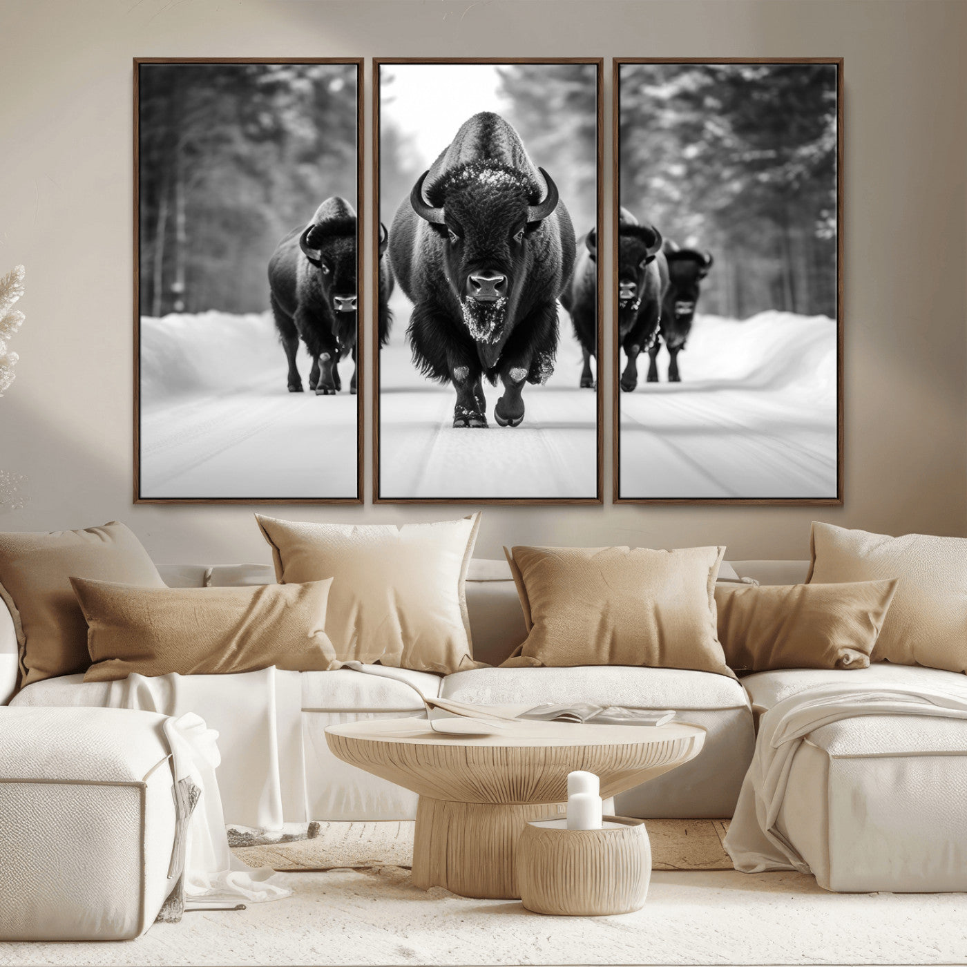 45287-MGV-CV-36X24-Bison Herd Wall Art – Black and White Buffalo Snow Road Canvas Print, Rustic Wildlife Decor for Cabin, Lodge or Living Room