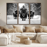45287-MGV-CV-36X24-Bison Herd Wall Art – Black and White Buffalo Snow Road Canvas Print, Rustic Wildlife Decor for Cabin, Lodge or Living Room