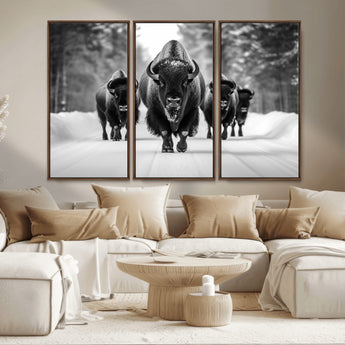 45287-MGV-CV-36X24-Bison Herd Wall Art – Black and White Buffalo Snow Road Canvas Print, Rustic Wildlife Decor for Cabin, Lodge or Living Room