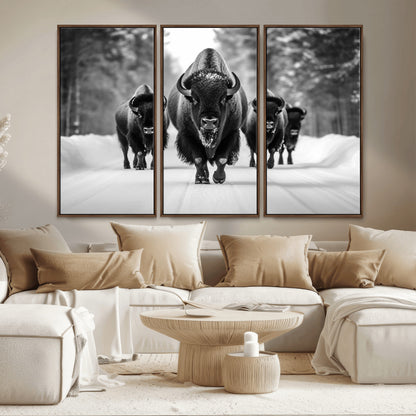 45287-MGV-CV-36X24-Bison Herd Wall Art – Black and White Buffalo Snow Road Canvas Print, Rustic Wildlife Decor for Cabin, Lodge or Living Room