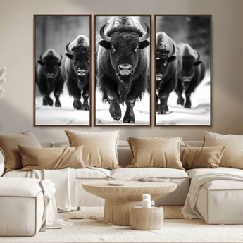 79872-MGV-CV-36X24-Bison Herd Wall Art – Black and White Buffalo on Snow Canvas Print, Rustic Wildlife Decor for Lodge, Cabin, or Living Room