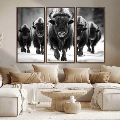 79872-MGV-CV-36X24-Bison Herd Wall Art – Black and White Buffalo on Snow Canvas Print, Rustic Wildlife Decor for Lodge, Cabin, or Living Room