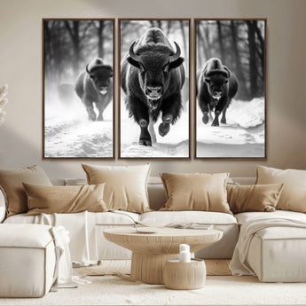 97552-MGV-CV-36X24-Black and White Bison Wall Art – Buffalo Herd Running in Snow Canvas Print, Rustic Wildlife Photography Decor for Cabin, Lodge, or