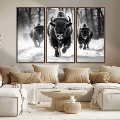97552-MGV-CV-36X24-Black and White Bison Wall Art – Buffalo Herd Running in Snow Canvas Print, Rustic Wildlife Photography Decor for Cabin, Lodge, or