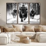97552-MGV-CV-36X24-Black and White Bison Wall Art – Buffalo Herd Running in Snow Canvas Print, Rustic Wildlife Photography Decor for Cabin, Lodge, or