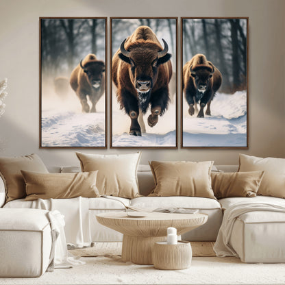 56549-MGV-FC-48X32-3P_Walnut-Wild Bison Wall Art – Majestic Buffalo Herd Running in Snow Canvas Print, Rustic Wildlife Photography Decor for Cabin, Lodge, or
