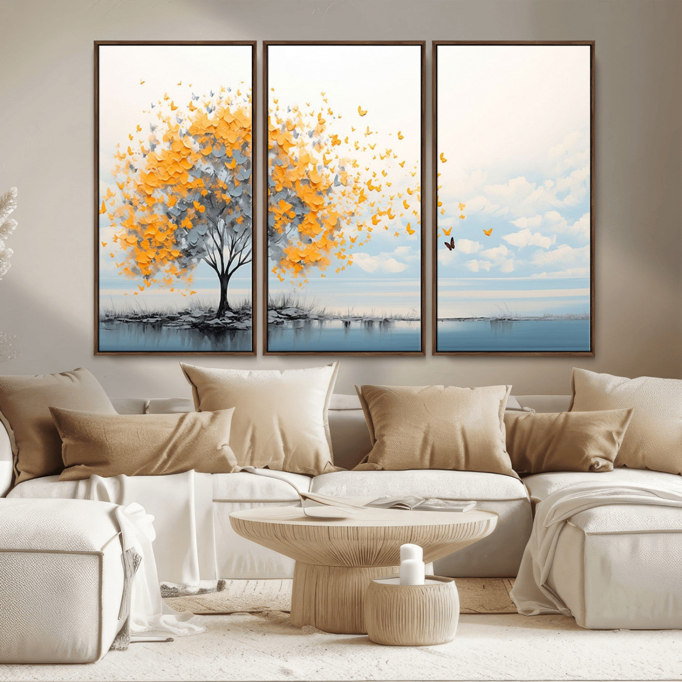 23385-MGV-CV-36X24-Golden Butterfly Tree Wall Art – Abstract Yellow and Gray Canvas Print, Modern Nature Artwork for Living Room, Bedroom or Office