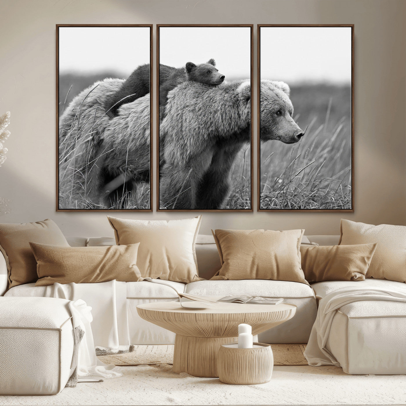 76338-MGV-CV-36X24-Mother Bear and Cub Wall Art – Black and White Wildlife Canvas Print, Rustic Nature Photography for Cabin, Living Room or Office