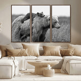 76338-MGV-CV-36X24-Mother Bear and Cub Wall Art – Black and White Wildlife Canvas Print, Rustic Nature Photography for Cabin, Living Room or Office