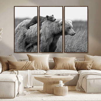 76338-MGV-CV-36X24-Mother Bear and Cub Wall Art – Black and White Wildlife Canvas Print, Rustic Nature Photography for Cabin, Living Room or Office