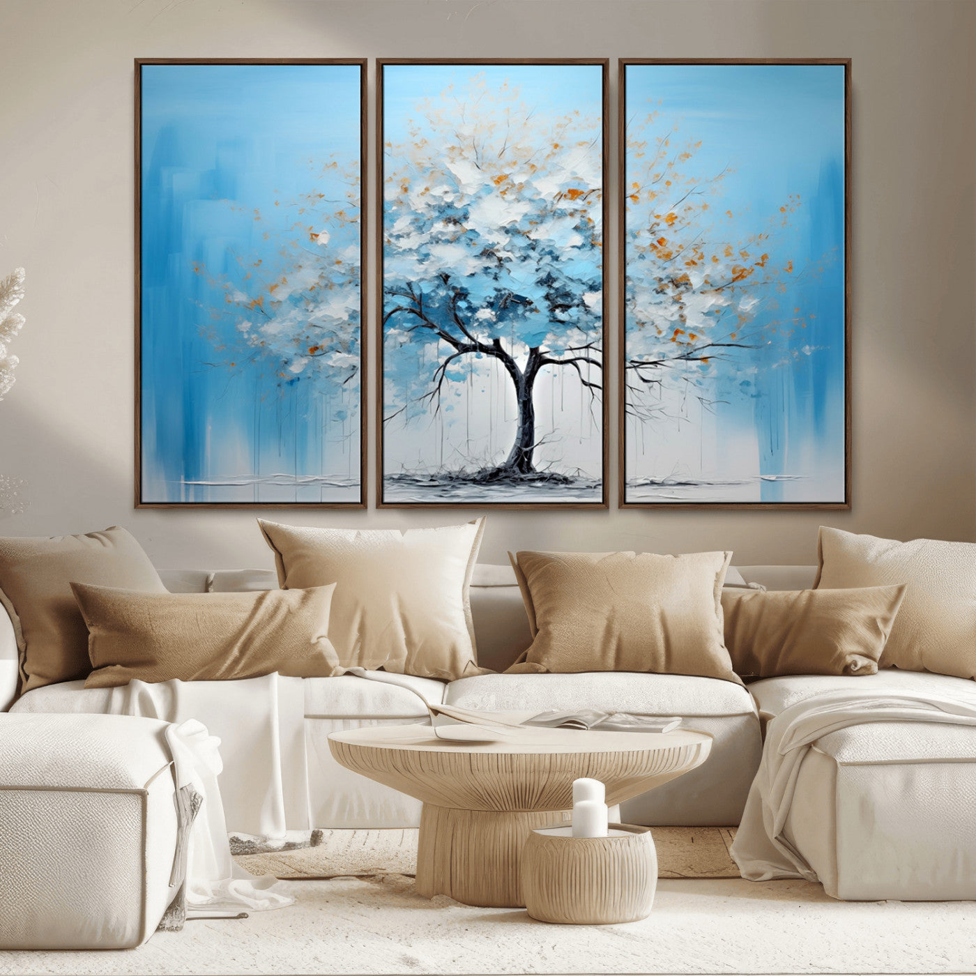 25021-MGV-CV-36X24-Abstract Tree Wall Art – Blue and White Canvas Painting with Gold Accents, Modern Nature-Inspired Artwork for Living Room, Bedroom