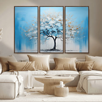 25021-MGV-CV-36X24-Abstract Tree Wall Art – Blue and White Canvas Painting with Gold Accents, Modern Nature-Inspired Artwork for Living Room, Bedroom