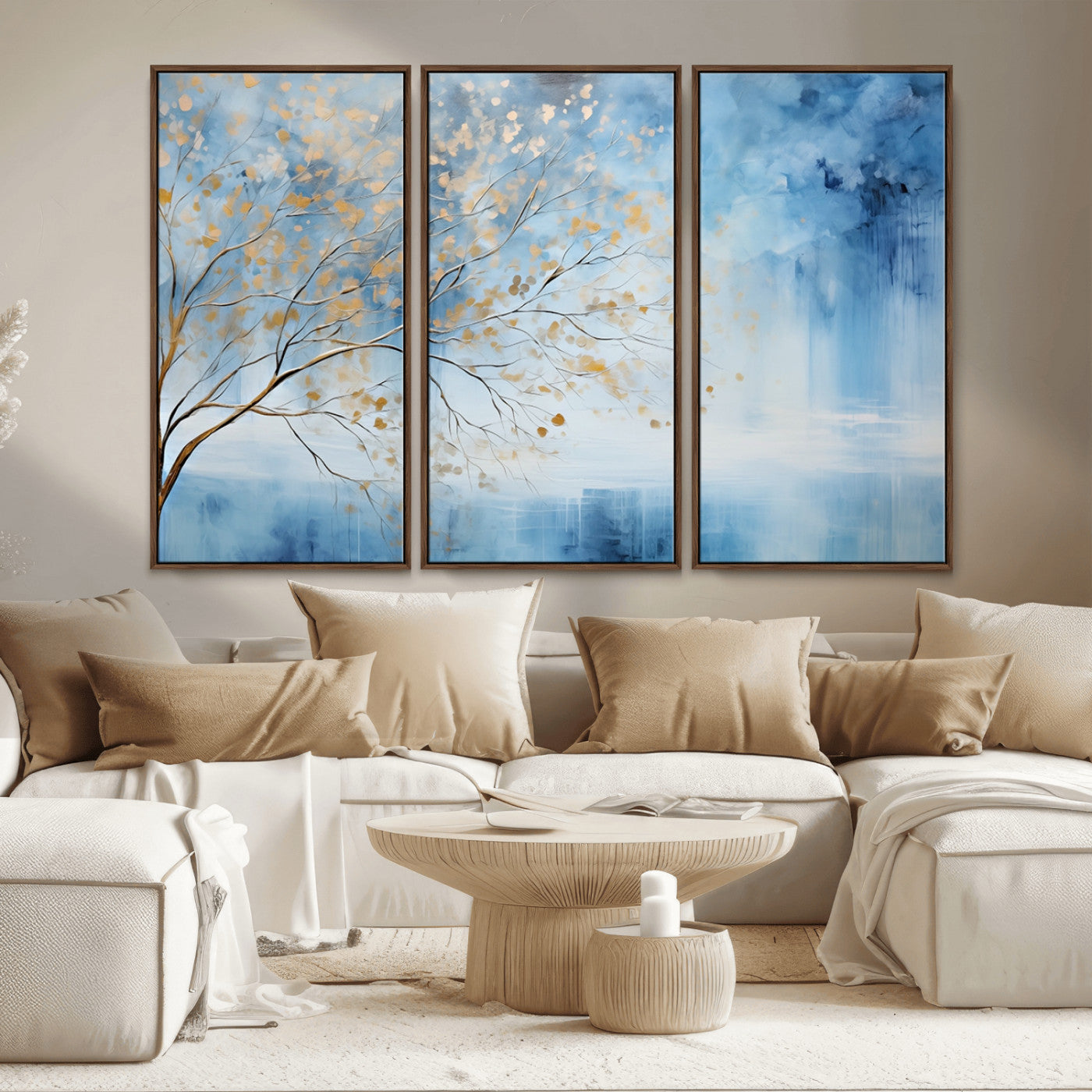 23891-MGV-CV-36X24-Abstract Tree Wall Art – Minimalist Blue and Gold Canvas Painting, Elegant Nature-Inspired Artwork for Living Room, Bedroom or