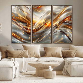 Lines1-MGV-CV-36X24-Abstract Metallic Wall Art – Silver and Gold Wave Canvas Print with Sparkling Accents, Modern Luxury Decor for Living Room, Office