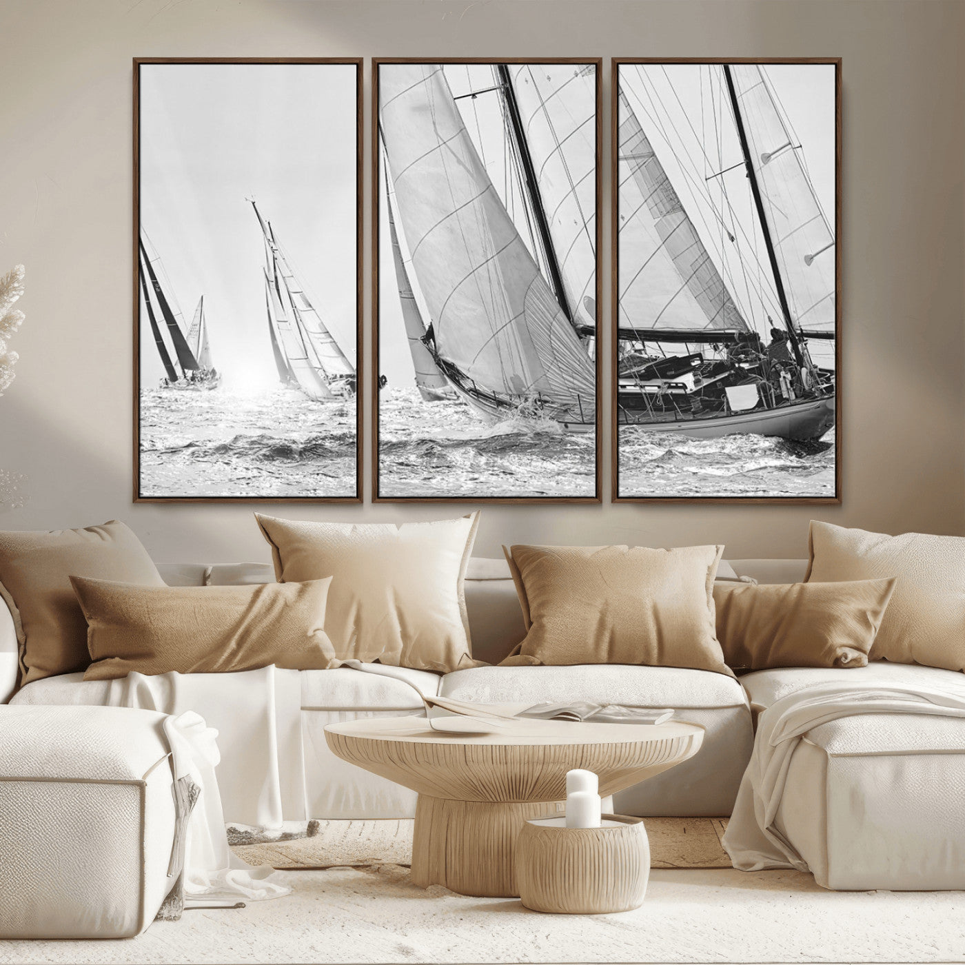Boat-1-MGV-CV-36X24-Sailboat Racing Wall Art – Nautical Black and White Canvas Print, Ocean Adventure Decor for Office, Living Room or Bedroom