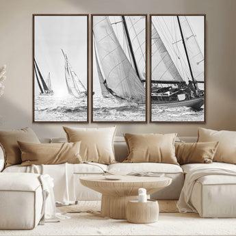 Boat-1-MGV-CV-36X24-Sailboat Racing Wall Art – Nautical Black and White Canvas Print, Ocean Adventure Decor for Office, Living Room or Bedroom