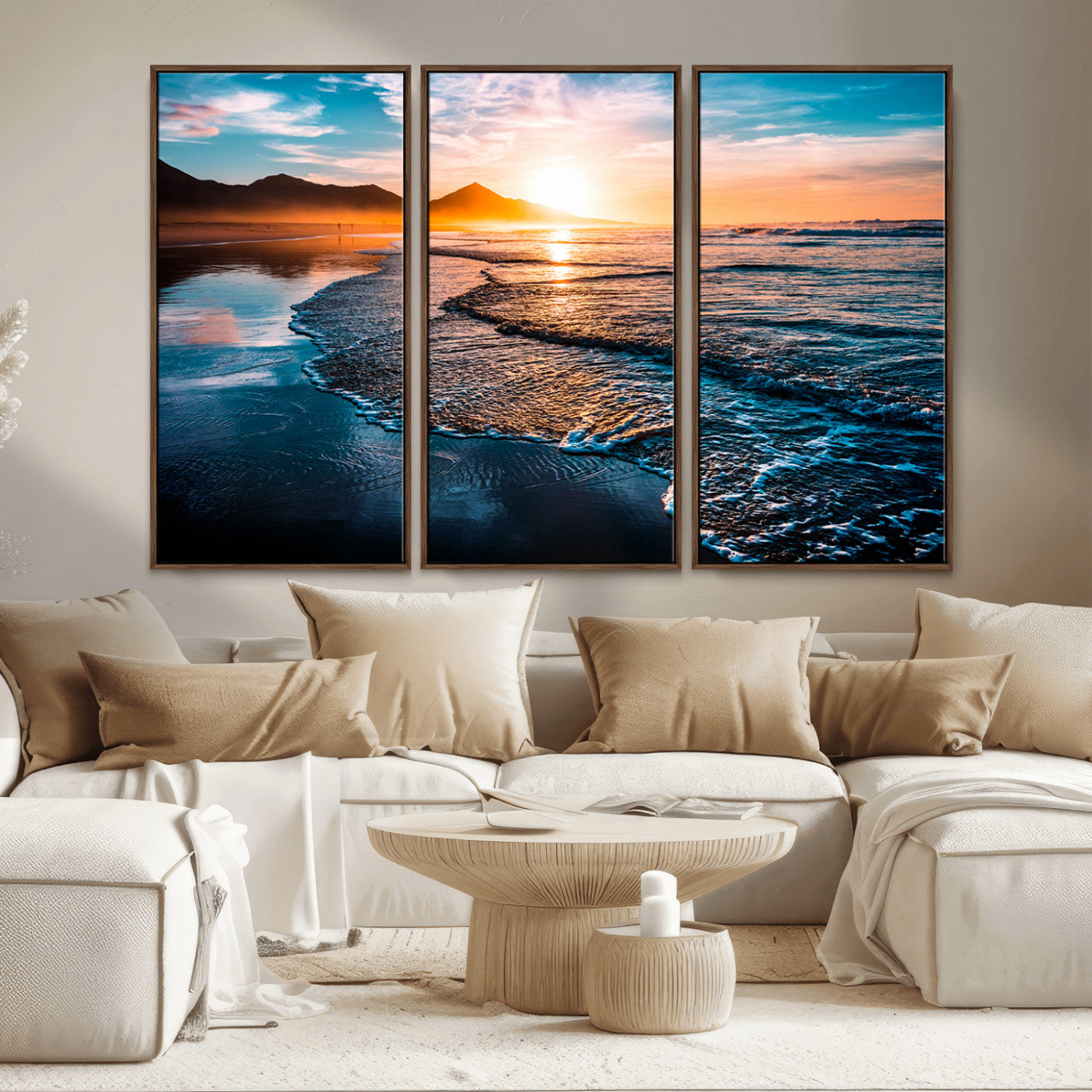 26494-MGV-CV-36X24-Ocean Sunset Wall Art – Scenic Beach Canvas Print with Waves and Mountains, Coastal Seascape Photography for Living Room, Bedroom