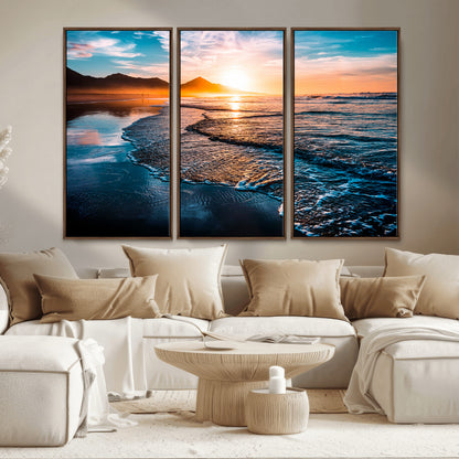 26494-MGV-CV-36X24-Ocean Sunset Wall Art – Scenic Beach Canvas Print with Waves and Mountains, Coastal Seascape Photography for Living Room, Bedroom