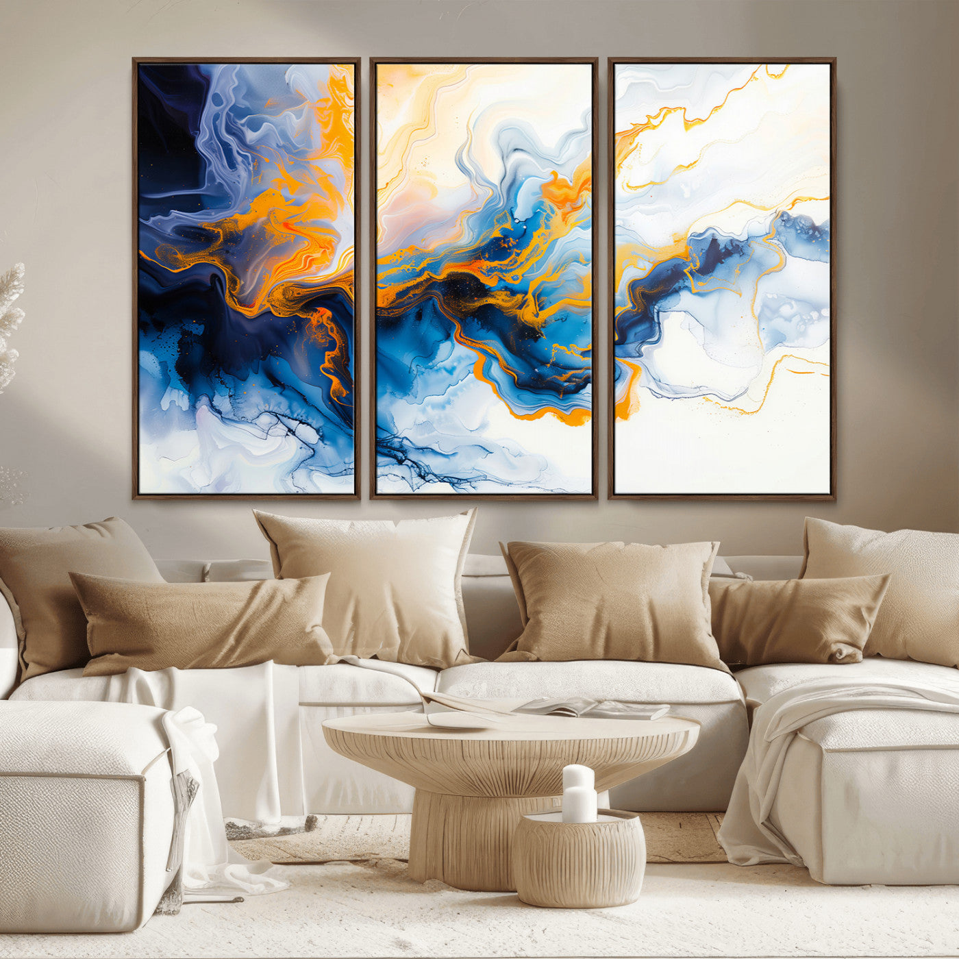 83720-MGV-CV-36X24-Abstract Fluid Wall Art – Blue, White and Gold Swirl Canvas Painting, Modern Contemporary Artwork for Living Room, Bedroom or
