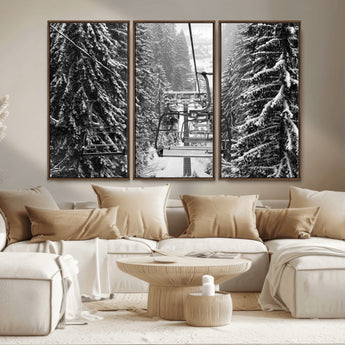 19240-MGV-CV-36X24-Ski Lift Wall Art – Black and White Winter Mountain Canvas Print, Snowy Forest Ski Resort Photography for Cabin, Lodge, Office or