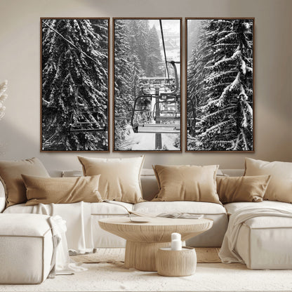 19240-MGV-CV-36X24-Ski Lift Wall Art – Black and White Winter Mountain Canvas Print, Snowy Forest Ski Resort Photography for Cabin, Lodge, Office or