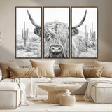 94579-MGV-CV-36X24-Highland Cow Wall Art – Black and White Longhorn Canvas Print, Rustic Western Farmhouse Animal Photography for Living Room,