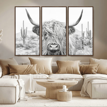 94579-MGV-CV-36X24-Highland Cow Wall Art – Black and White Longhorn Canvas Print, Rustic Western Farmhouse Animal Photography for Living Room,
