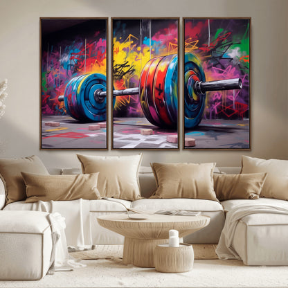 13549-MGV-CV-36X24-Graffiti Gym Wall Art Canvas Print, Framed Graffiti Barbell Art Picture Print, Weightlifting Perfect Fitness Studio Decor Artwork