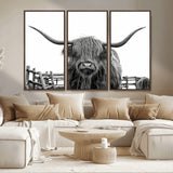 58188-MGV-CV-36X24-Highland Cow Wall Art – Black and White Rustic Farmhouse Canvas Print, Longhorn Cattle Photography Decor for Living Room or