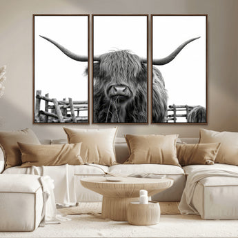 58188-MGV-CV-36X24-Highland Cow Wall Art – Black and White Rustic Farmhouse Canvas Print, Longhorn Cattle Photography Decor for Living Room or