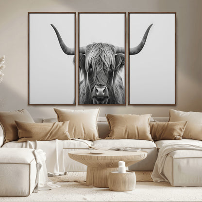 35820-MGV-CV-36X24-Minimalist Highland Cow Wall Art – Black and White Longhorn Cattle Canvas Print, Modern Farmhouse Animal Photography Decor for